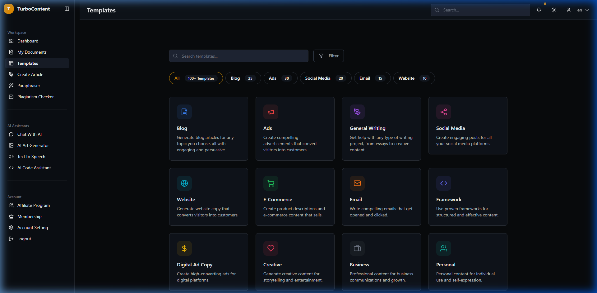 Blog Templates Library with category filters